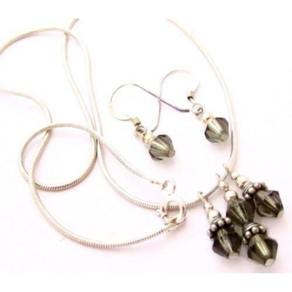 Smokey Grey Crystal Sterling Silver Snake Chain Necklace Earring Set*925